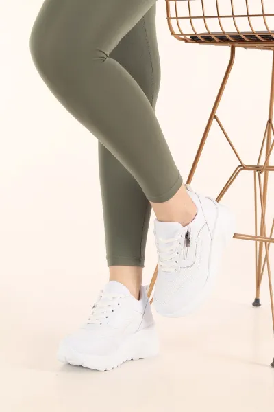 Beyaz Fermuarlı Bağcıklı Sim Detaylı Platform Topuklu Kadın Spor Ayakkabı 454240