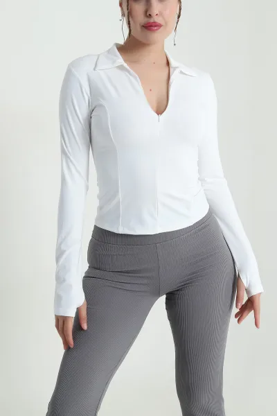 Beyaz Fermuarlı Belize Kadın Bluz 482779