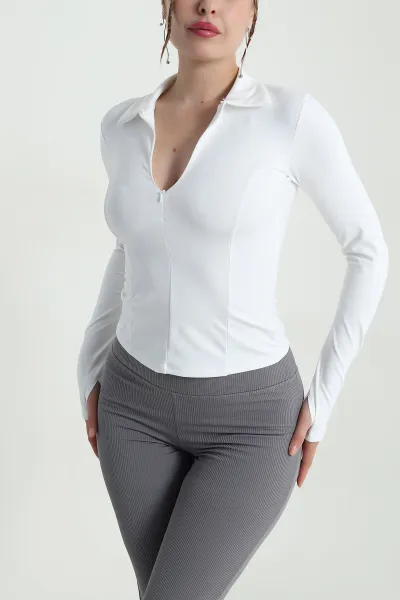 Beyaz Fermuarlı Belize Kadın Bluz 482779