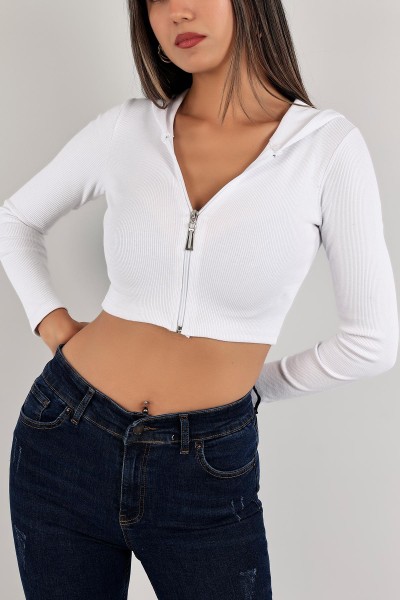 Beyaz Fermuarlı Crop Üst 134411