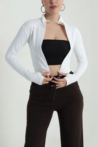 Beyaz Fermuarlı Dalgıç Kadın Sweat 488001