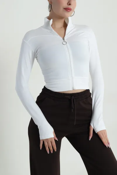 Beyaz Fermuarlı Dalgıç Kadın Sweat 488001