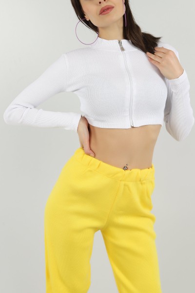 Beyaz Fermuarlı Fitilli Crop Bluz 149682