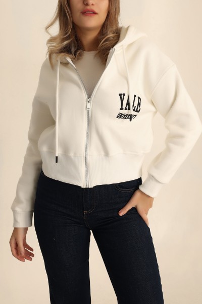 Beyaz Fermuarlı İçi Şardonlu Bayan Sweat 224411