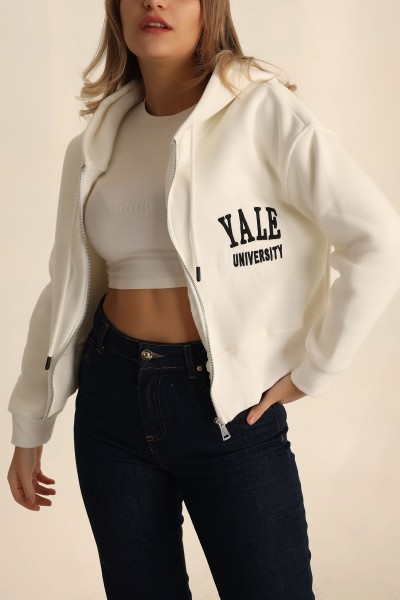 Beyaz Fermuarlı İçi Şardonlu Bayan Sweat 224411