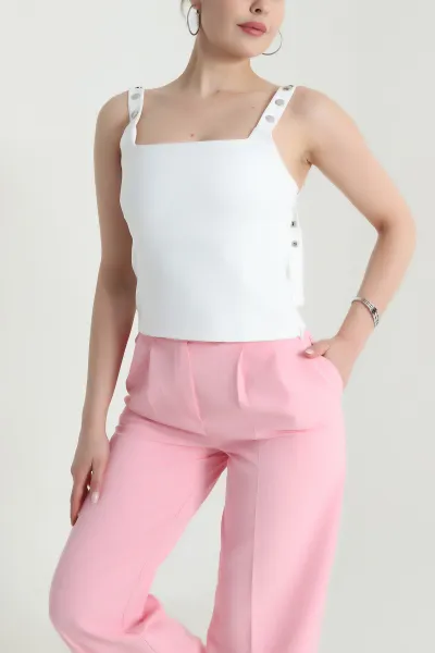 Beyaz Fermuarlı Kadın Crop Bluz 474432