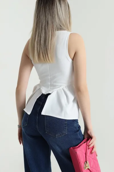 Beyaz Fermuarlı Kolsuz Dabıl Kadın Bluz 473479
