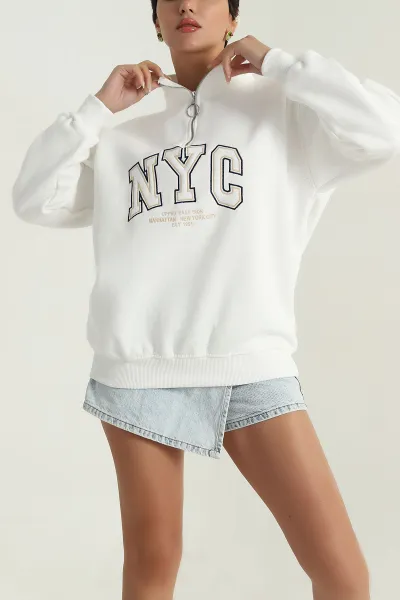 Beyaz Fermuarlı Nakışlı Şardonlu Kadın Sweat 387847