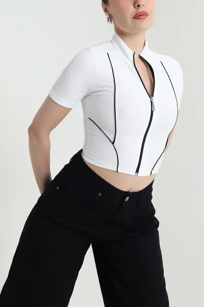 Beyaz Fermuarlı Ottoman Crop 467199
