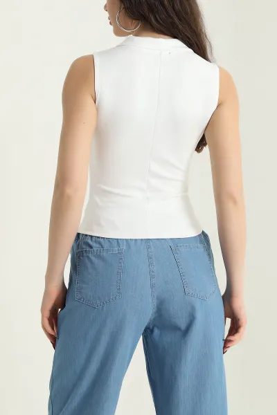 Beyaz Fermuarlı Polo Yaka Oysho Kadın Bluz 432205