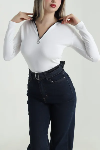 Beyaz Fermuarlı Polo Yaka Oysho Kadın Bluz 488567