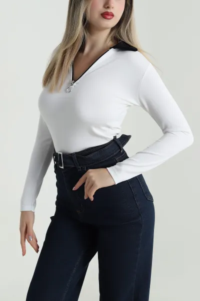 Beyaz Fermuarlı Polo Yaka Oysho Kadın Bluz 488567