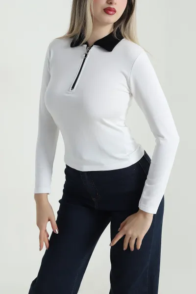 Beyaz Fermuarlı Polo Yaka Oysho Kadın Bluz 488567