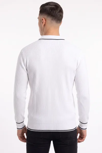 Beyaz Fermuarlı Polo Yaka Triko Erkek Kazak 482897