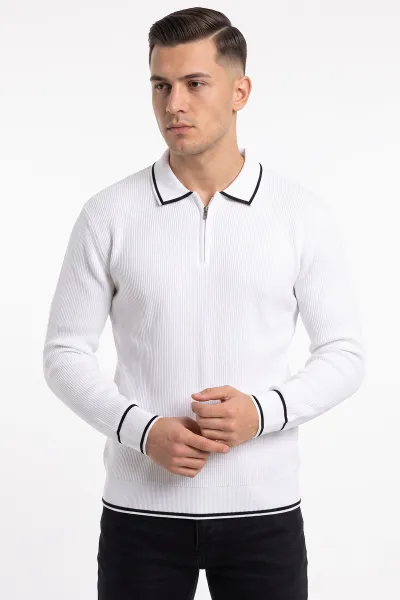 Beyaz Fermuarlı Polo Yaka Triko Erkek Kazak 482897