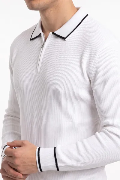 Beyaz Fermuarlı Polo Yaka Triko Erkek Kazak 482897