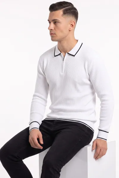Beyaz Fermuarlı Polo Yaka Triko Erkek Kazak 482897