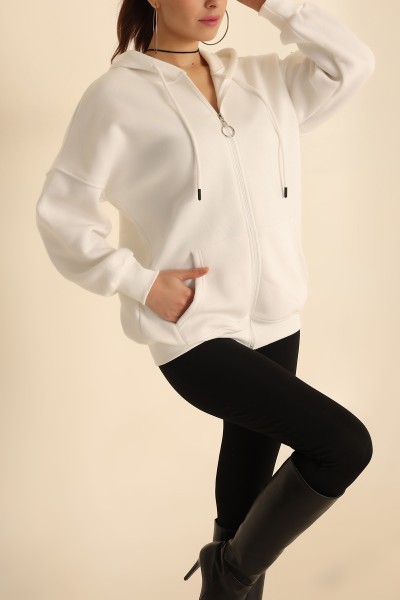 Beyaz Fermuarlı Şardonlu Bayan Sweat 221323