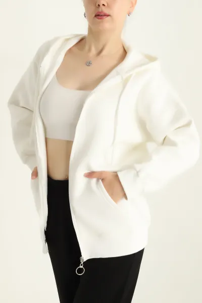 Beyaz Fermuarlı Şardonlu Bayan Sweat 292166