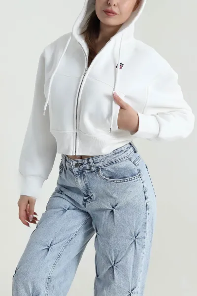 Beyaz Fermuarlı Şardonlu Üç İp Kadın Sweat 485043
