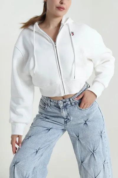 Beyaz Fermuarlı Şardonlu Üç İp Kadın Sweat 485043