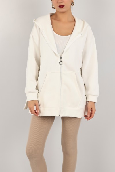Beyaz Fermuarlı Üç İp Şardonlu Sweat 143393