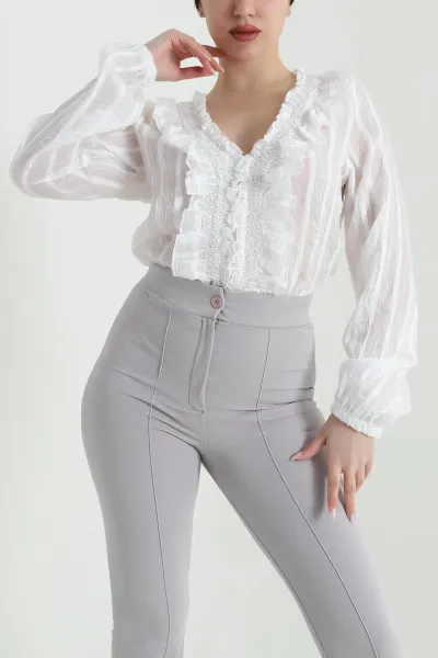 Beyaz Fırfırlı Tensel Kadın Bluz 451119