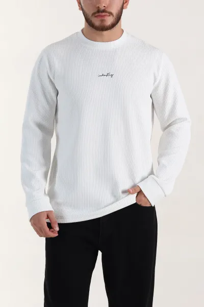 Beyaz Fitilli Bisiklet Yaka Yazı Detaylı Erkek Sweatshirt 396229