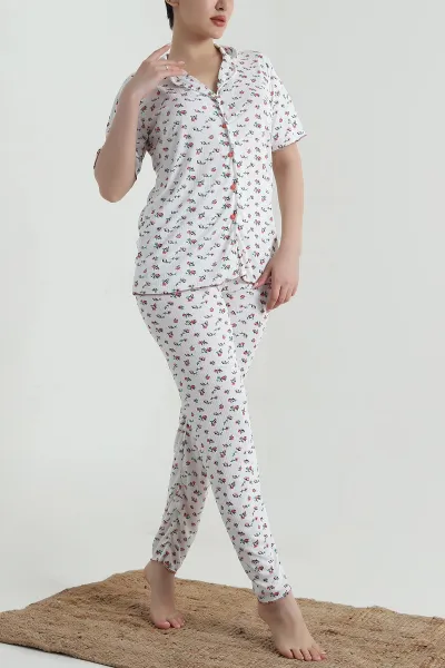 Beyaz Fitilli Düğmeli Kadın Pijama Takımı 458844