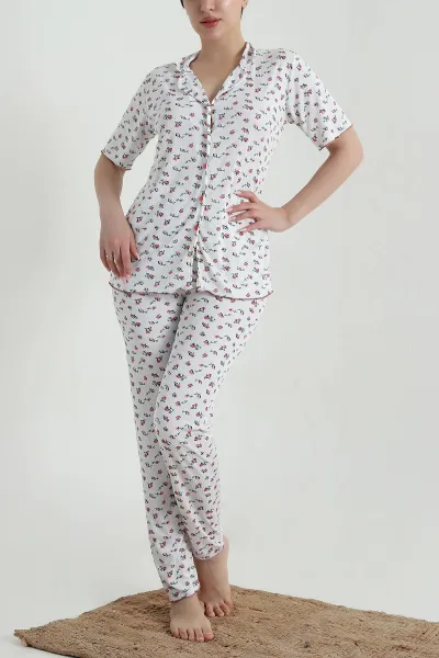 Beyaz Fitilli Düğmeli Kadın Pijama Takımı 458844