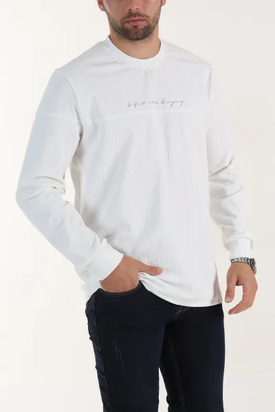 Beyaz Fitilli Nakışlı Bisiklet Yaka Erkek Sweatshirt 396906