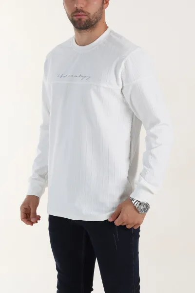 Beyaz Fitilli Nakışlı Bisiklet Yaka Erkek Sweatshirt 396906