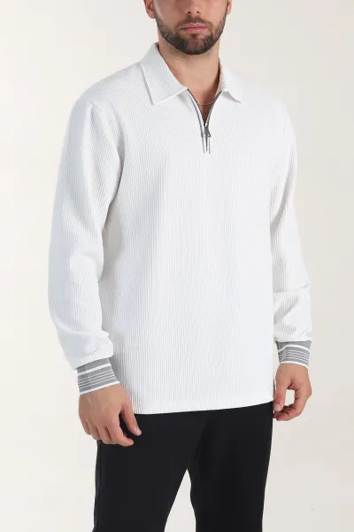 Beyaz Fitilli Yarım Fermuarlı Dik Yaka Erkek Sweatshirt 404811