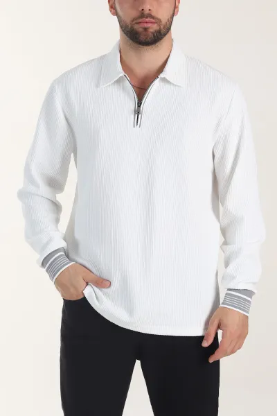 Beyaz Fitilli Yarım Fermuarlı Dik Yaka Erkek Sweatshirt 404811