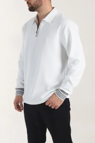 Beyaz Fitilli Yarım Fermuarlı Dik Yaka Erkek Sweatshirt 404811