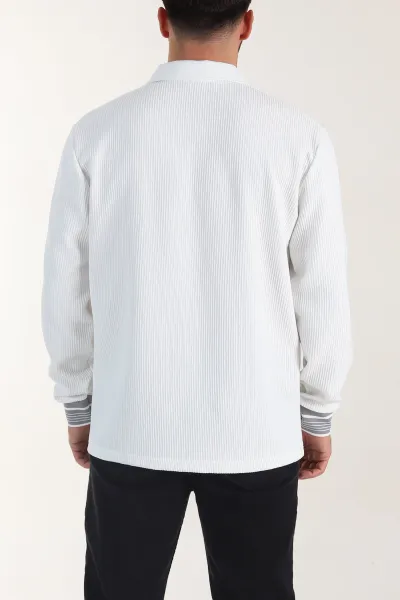 Beyaz Fitilli Yarım Fermuarlı Dik Yaka Erkek Sweatshirt 404811