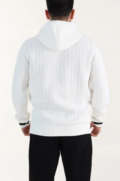 Beyaz Fitilli Yazı Detaylı Kapüşonlu Erkek Sweatshirt 396200