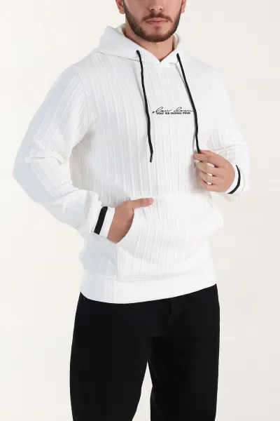 Beyaz Fitilli Yazı Detaylı Kapüşonlu Erkek Sweatshirt 396200