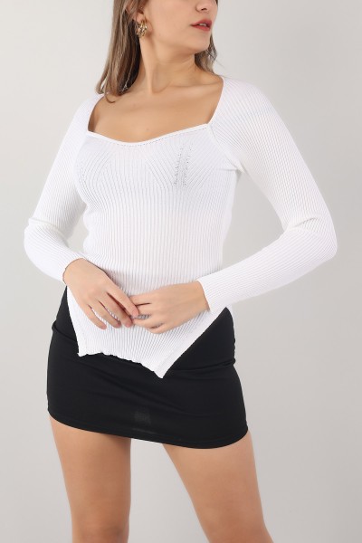Beyaz Fitilli Yırtmaçlı Bayan Triko Bluz 153052