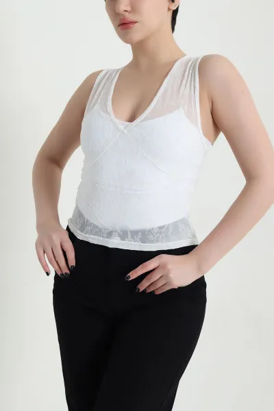 Beyaz Flok Baskılı Tül Kadın Bluz 455391