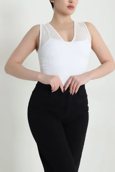 Beyaz Flok Baskılı Tül Kadın Bluz 455391