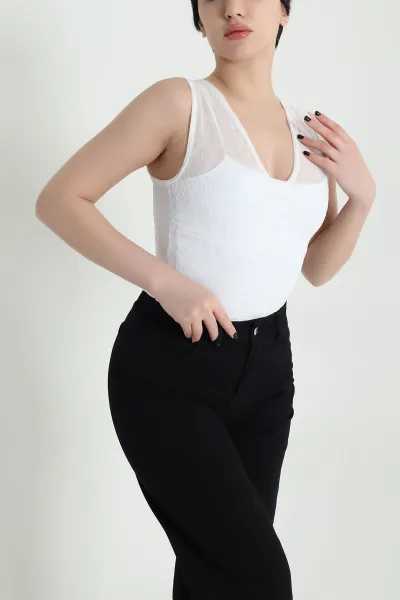 Beyaz Flok Baskılı Tül Kadın Bluz 455391