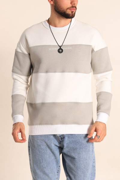 Beyaz Füme Oversize Üç İp Şardonlu Kabartma Yazılı Erkek Sweatshirt 225871