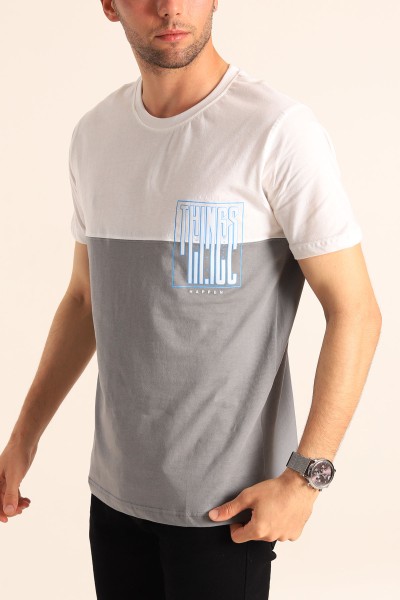 Beyaz Füme Relaxed Fit Things Baskılı Çift Renk Tişört 182265