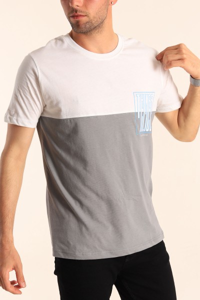 Beyaz Füme Relaxed Fit Things Baskılı Çift Renk Tişört 182265
