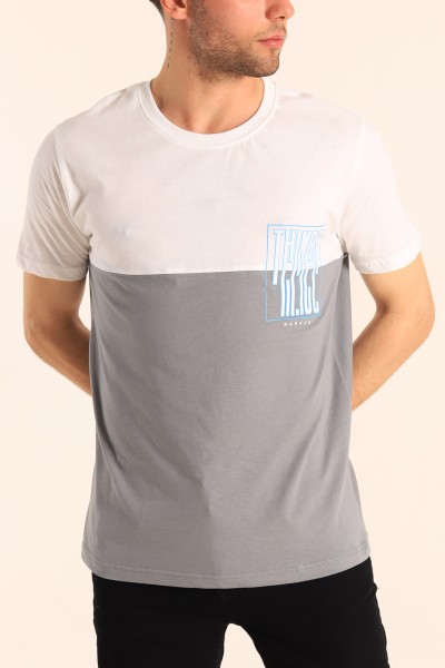 Beyaz Füme Relaxed Fit Things Baskılı Çift Renk Tişört 182265