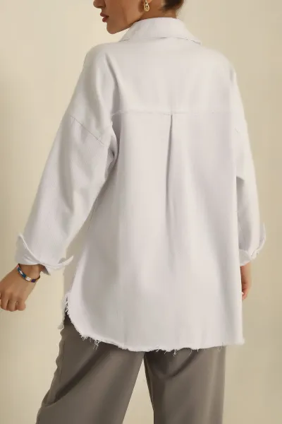 Beyaz Gabardin Yırtık Tasarım Gömlek Ceket 265683