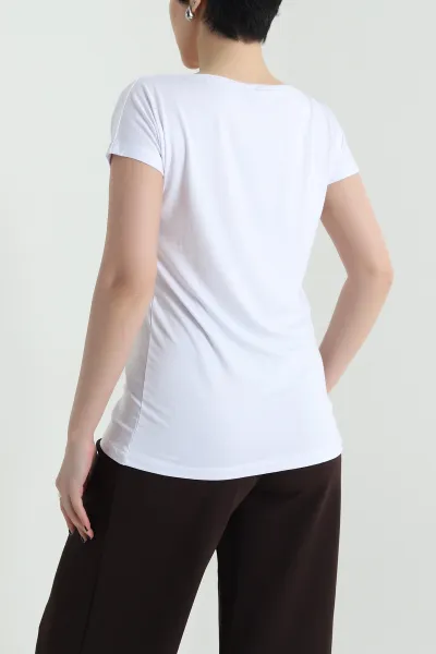 Beyaz Geniş Yaka Kadın Tişört 455063