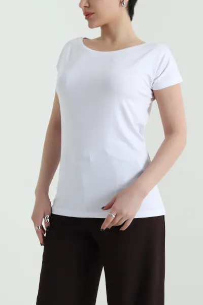 Beyaz Geniş Yaka Kadın Tişört 455063