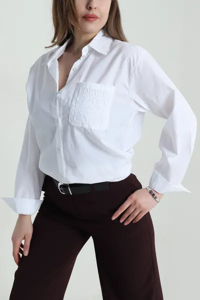 Beyaz Gofre Cepli Poplin Kadın Gömlek Tunik 458105